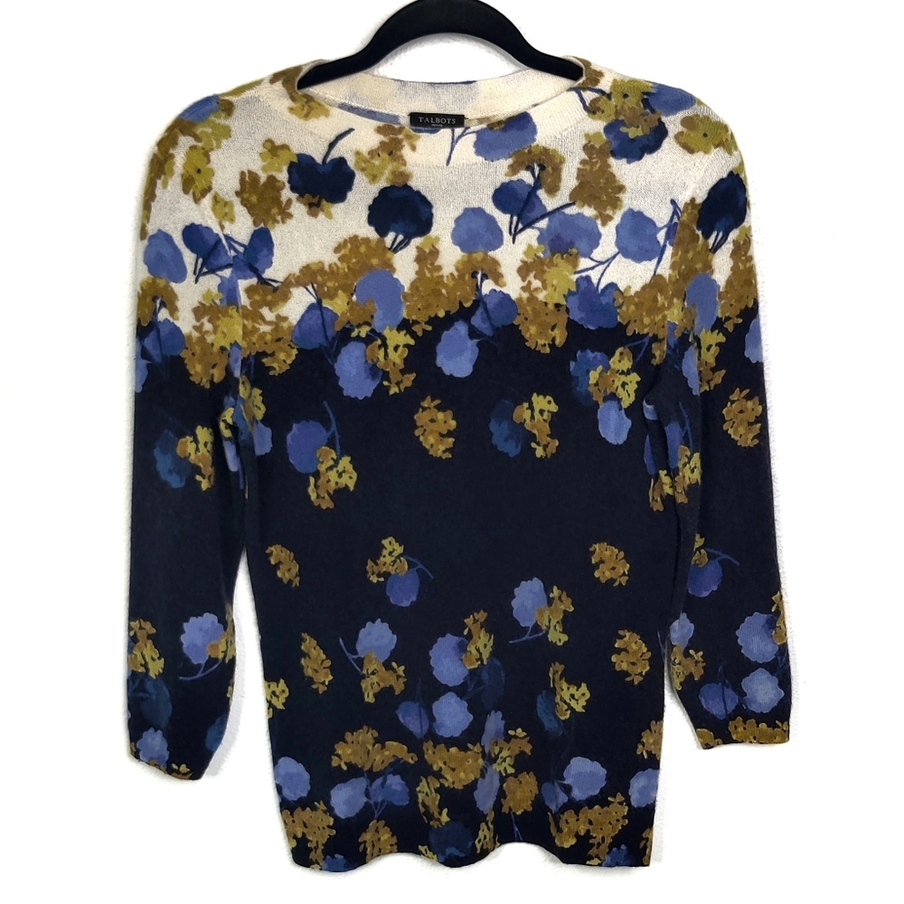 Talbots Audrey Floral Print 100% Cashmere Sweater Crew Neck